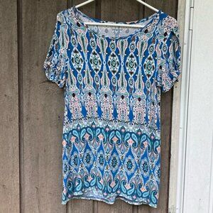 WESTPORT Top Short Sleeve Rayon Paisley Colorful Blue Green Black Size Small